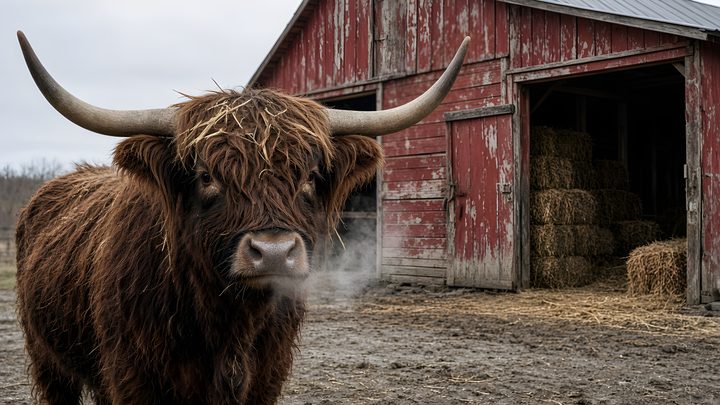 Highland Bull Red Barn art print