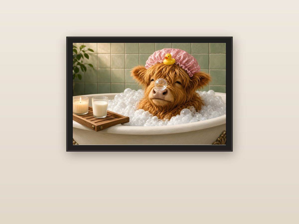 Highland Cow Bubble Bath framed on a wall