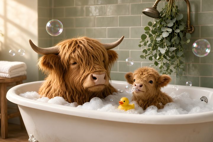 Highland Mama and Calf art print
