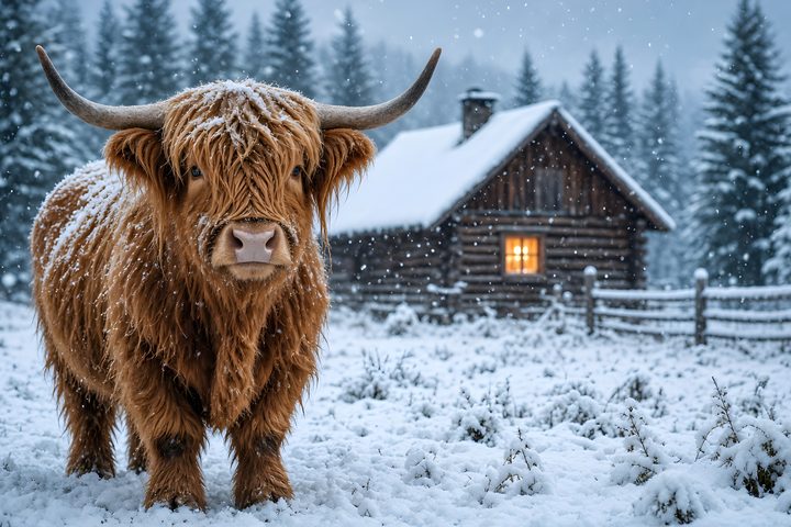 Highland Winter Cabin art print