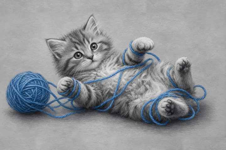 Kitten with Blue Yarn art print
