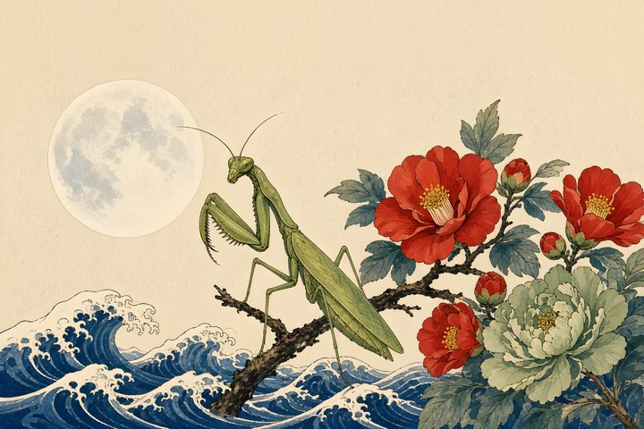 Mantis Camellia Moon art print