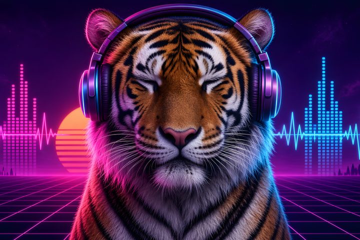Neon Tiger Headphones art print