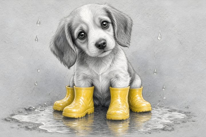 Puppy in Yellow Rain Boots art print