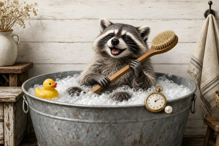 Raccoon Tub Scrub art print